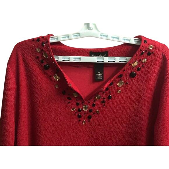 Maggie Barnes Tunic Womens 2X Plus Red Long Sleeve v neck Beaded Textured Bling - Picture 2 of 7